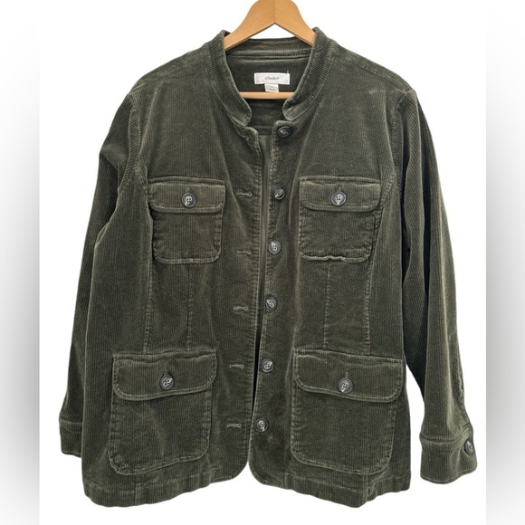 CJ Banks Plus Forest Green Wide Wale Corduroy Military Utility Cargo Jacket - 1X - Picture 1 of 9